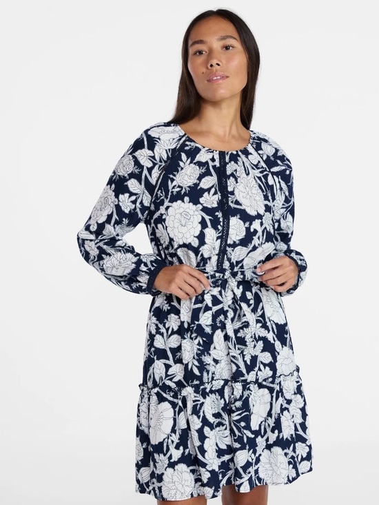 Time and Tru Dresses & Skirts - NWT! Time & Tru Navy and White Floral Tiered Long-Sleeve Dress. Size Large.